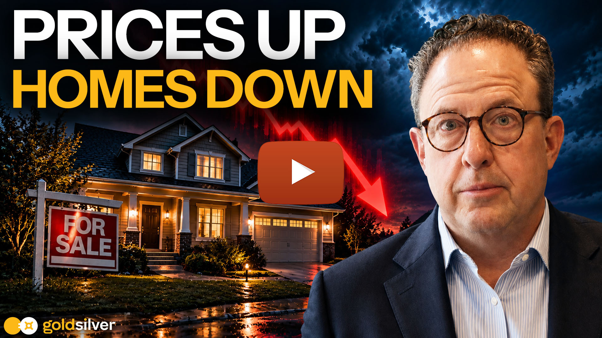 Christopher Whalen video thumbnail asking is stagflation happening now, showing a falling home price chart and a for-sale sign