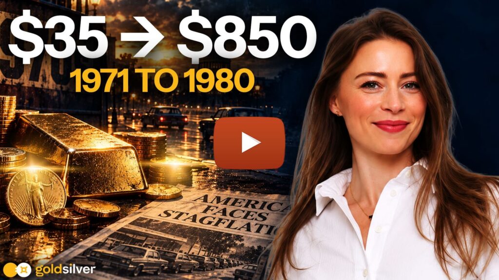 Misery index 2026 video thumbnail showing gold's rise from $35 to $850 between 1971 and 1980, a vintage 'America Faces Stagflation' newspaper, gold bars and coins, and GoldSilver host Megan King Diaz.