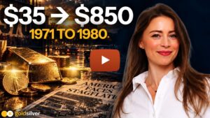 Misery index 2026 video thumbnail showing gold's rise from $35 to $850 between 1971 and 1980, a vintage 'America Faces Stagflation' newspaper, gold bars and coins, and GoldSilver host Megan King Diaz.