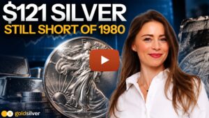 GoldSilver video thumbnail on silver breaking the $50 ceiling, showing $121 silver next to a silver eagle coin and 1980 comparison text