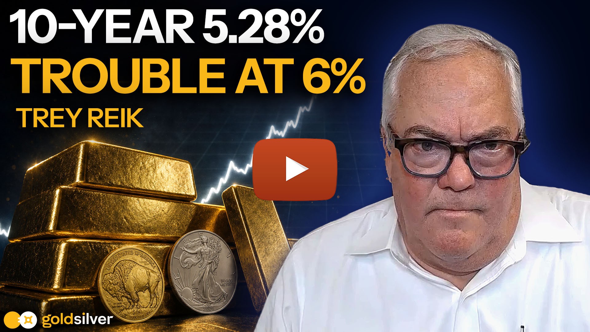 GoldSilver Show video thumbnail with Trey Reik beside stacked gold bars and coins, an upward-trending price chart, and the text "10-Year 5.28%, Trouble at 6%."