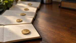 PBoC gold reserves August 2026: a row of desk calendar pages, each holding a single gold coin, marking China's central bank buying gold for a consecutive month