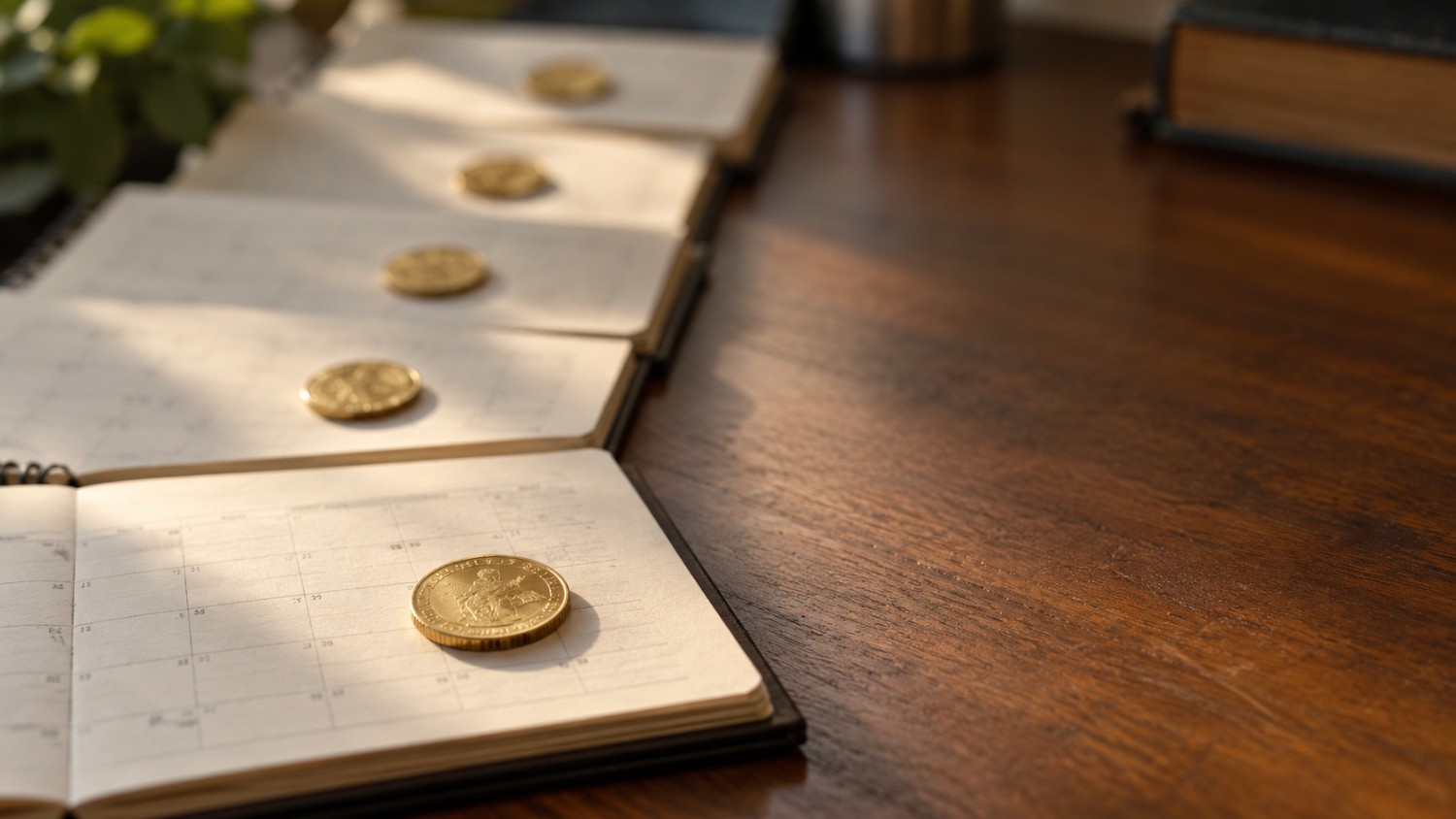 PBoC gold reserves August 2026: a row of desk calendar pages, each holding a single gold coin, marking China's central bank buying gold for a consecutive month