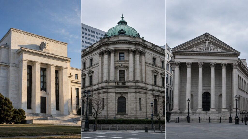 Bank of Japan rate hike gold: Federal Reserve, Bank of Japan, and Bank of England buildings side by side