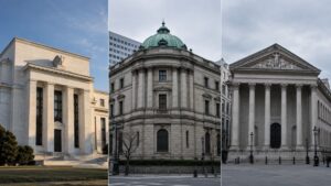 Bank of Japan rate hike gold: Federal Reserve, Bank of Japan, and Bank of England buildings side by side
