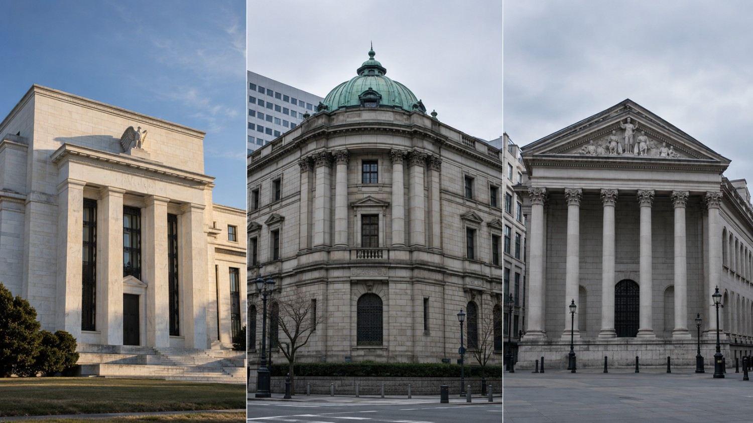 Bank of Japan rate hike gold: Federal Reserve, Bank of Japan, and Bank of England buildings side by side