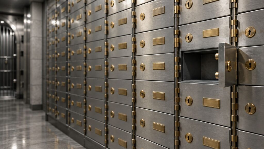 Row of bank safe deposit boxes with one door open, illustrating whether you can buy gold from a bank