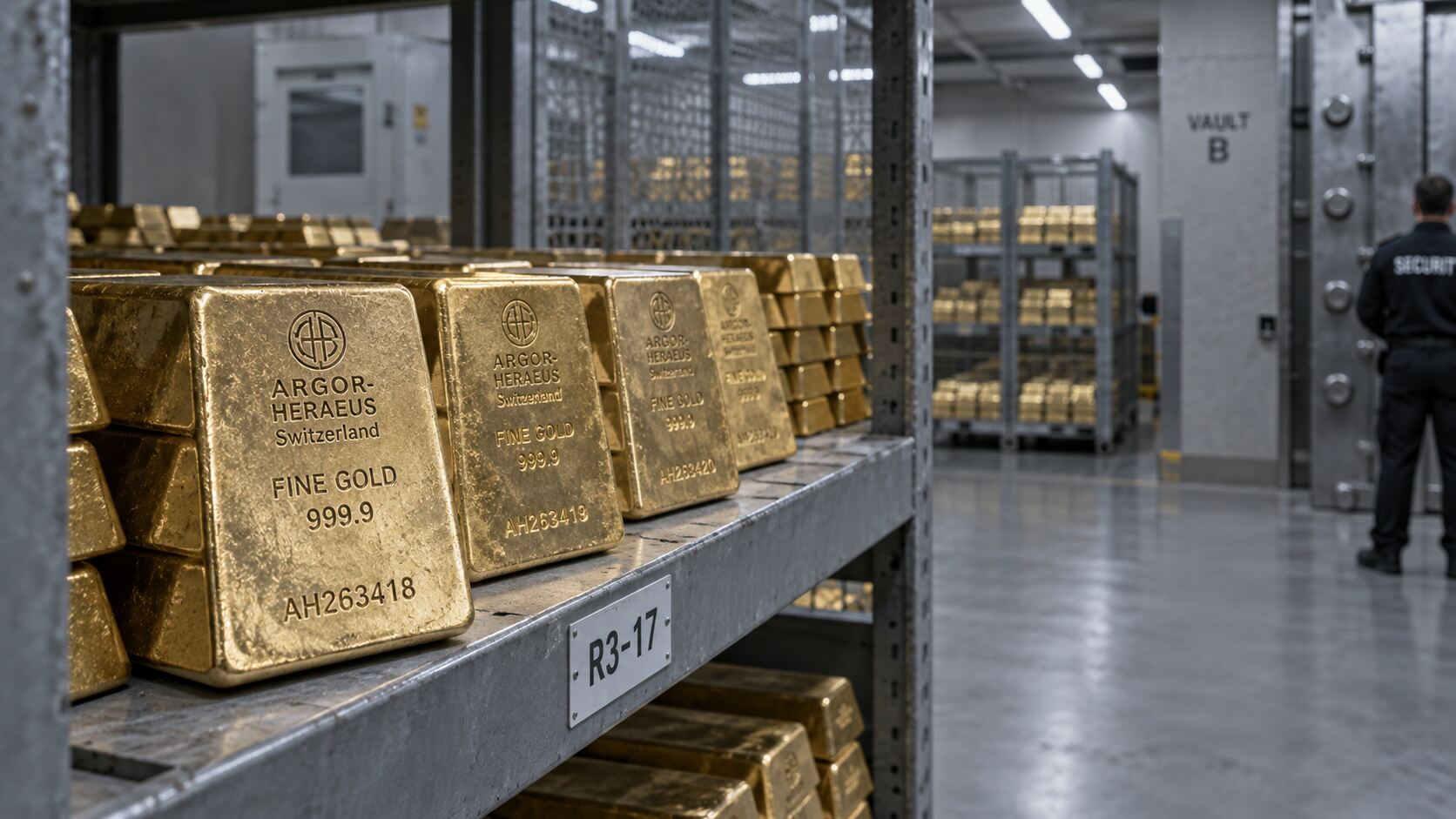 Rows of gold bullion bars on steel shelving inside a bank vault, representing central bank gold repatriation and storage security.