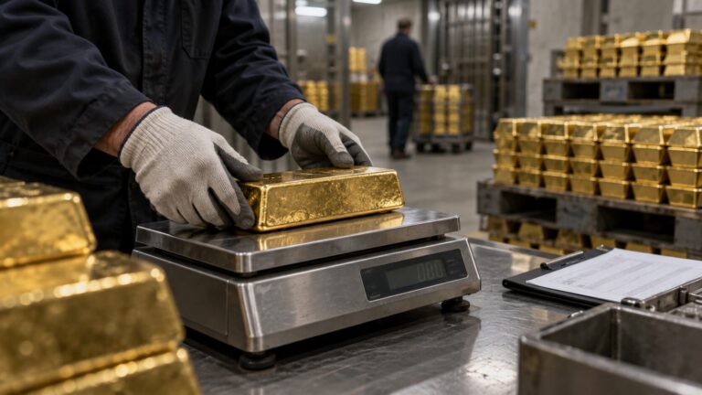 Gloved hands weighing stacked gold bullion bars at a refinery, reflecting the record pace of china gold imports in 2026.