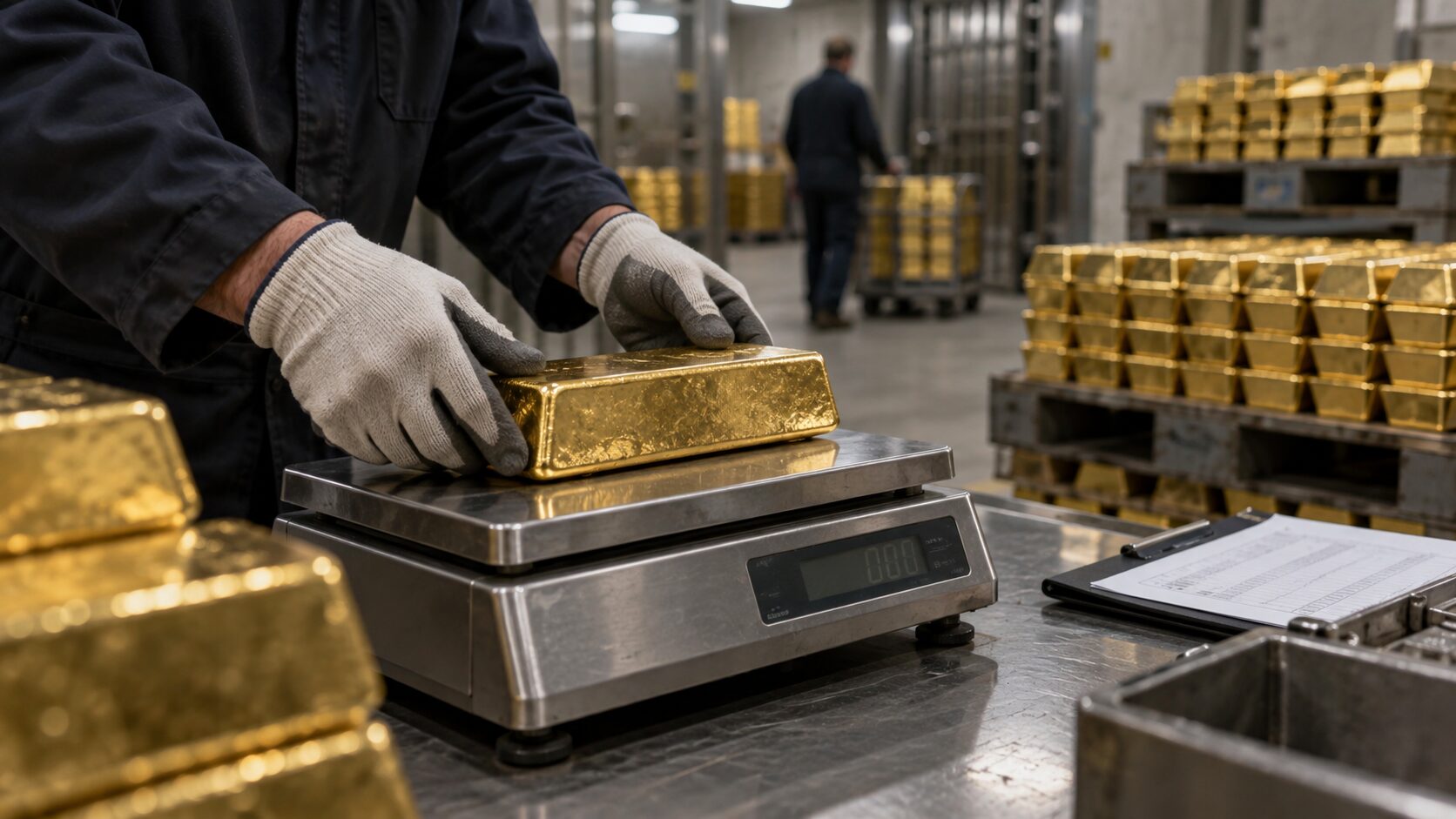 Gloved hands weighing stacked gold bullion bars at a refinery, reflecting the record pace of china gold imports in 2026.