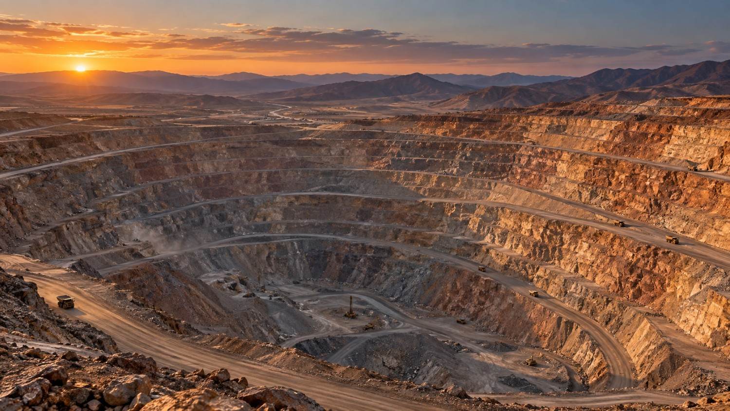 Aerial view of a terraced open-pit copper mine at sunrise, with haul trucks on the access roads, illustrating the commodity supercycle supply squeeze