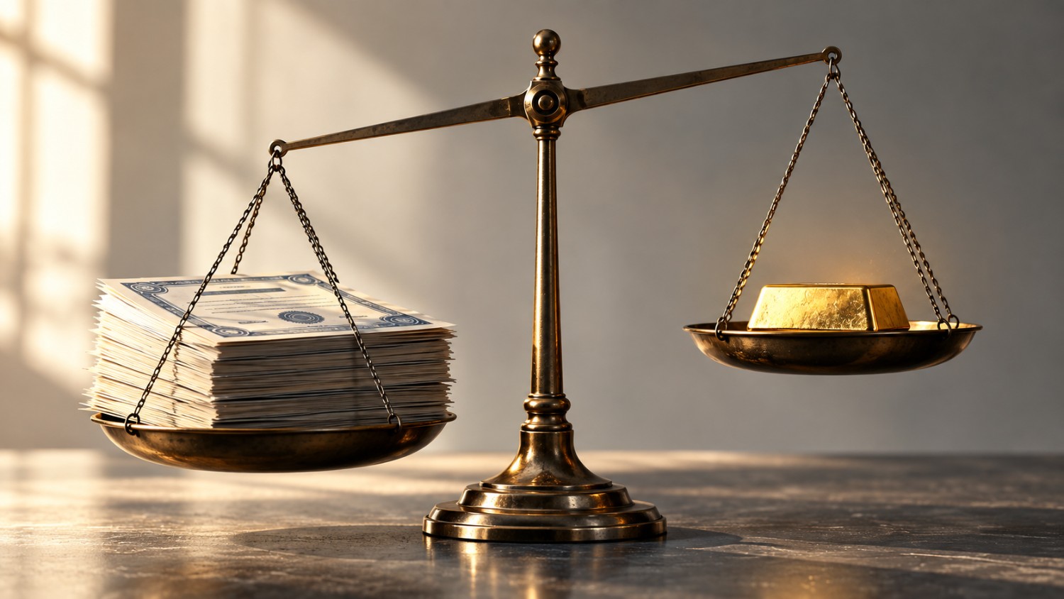 Balance scale tipped by a stack of bonds outweighing a single gold bar, symbolizing the debt to GDP ratio