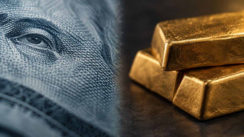Dollar index gold price split image showing a macro US dollar bill next to stacked gold bars