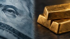 Dollar index gold price split image showing a macro US dollar bill next to stacked gold bars