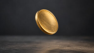 Gold coin frozen mid-flip, symbolizing the Fed rate decision gold price coin-flip odds ahead of September 2026