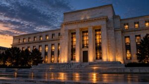 Federal Reserve building at dusk with illuminated columns, representing the Fed rate hike and its reaction in gold prices in September 2026