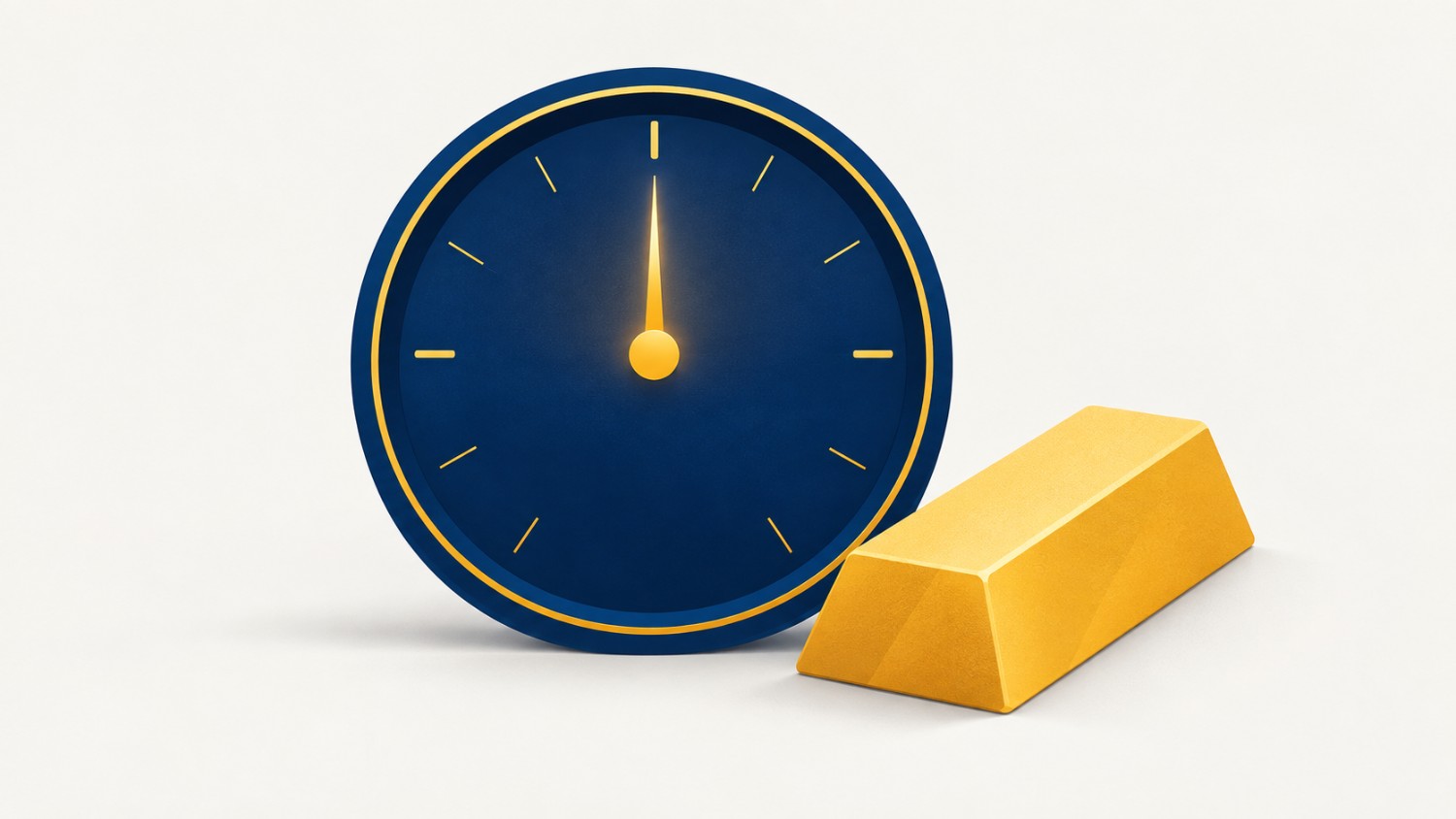 Navy dial with a single gold hand pointing to twelve, beside a gold bar, representing the one number that moves gold