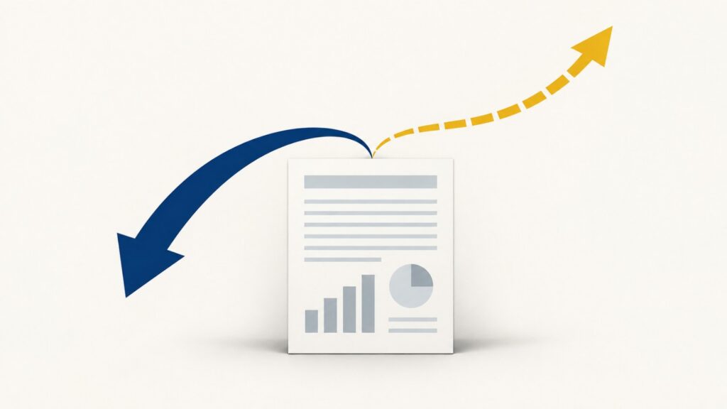 Illustration of a financial report splitting into two signals: a bold navy arrow curving downward and a dashed gold arrow rising upward, representing gold's mixed price reaction to the flash PMI report