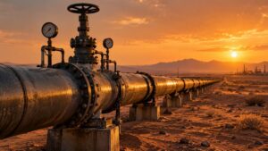 Industrial oil pipeline at desert sunset, symbolizing the Saudi pipeline outage behind today's gold and silver rebound