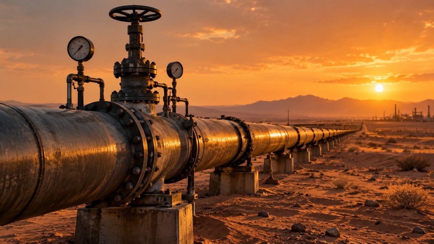 Industrial oil pipeline at desert sunset, symbolizing the Saudi pipeline outage behind today's gold and silver rebound