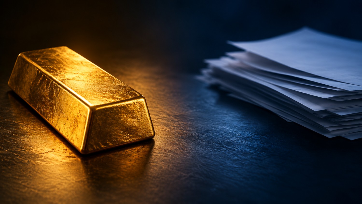 Gold bar lit warm on one side, blurred paper documents fading into blue shadow on the other, representing gold backwardation