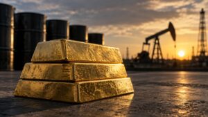 Gold bars in sharp focus with oil barrels blurred in the background, illustrating gold price today amid rising Fed rate hike odds