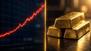 A red rate-hike chart trending upward beside stacked gold bars glowing under warm light, illustrating gold demand despite the Fed rate hike