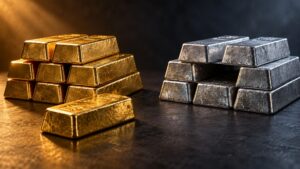 Gold bars glowing under warm light beside a stack of silver bars with one bar missing, illustrating this week's gold ETF inflows and silver ETF outflows
