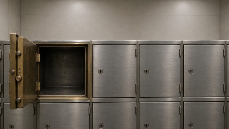 A wall of bank safe-deposit boxes, one large ornate door open and empty beside several smaller closed steel doors, illustrating this week's gold ETF outflows moving from one large fund into smaller, cheaper ones.