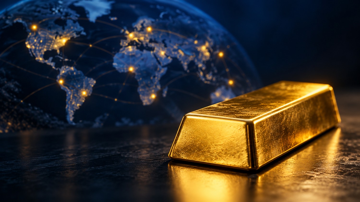 Gold bar in sharp focus against a blurred, illuminated world map, illustrating the jurisdictional risk behind the Gold Fields Northern Star takeover rejection