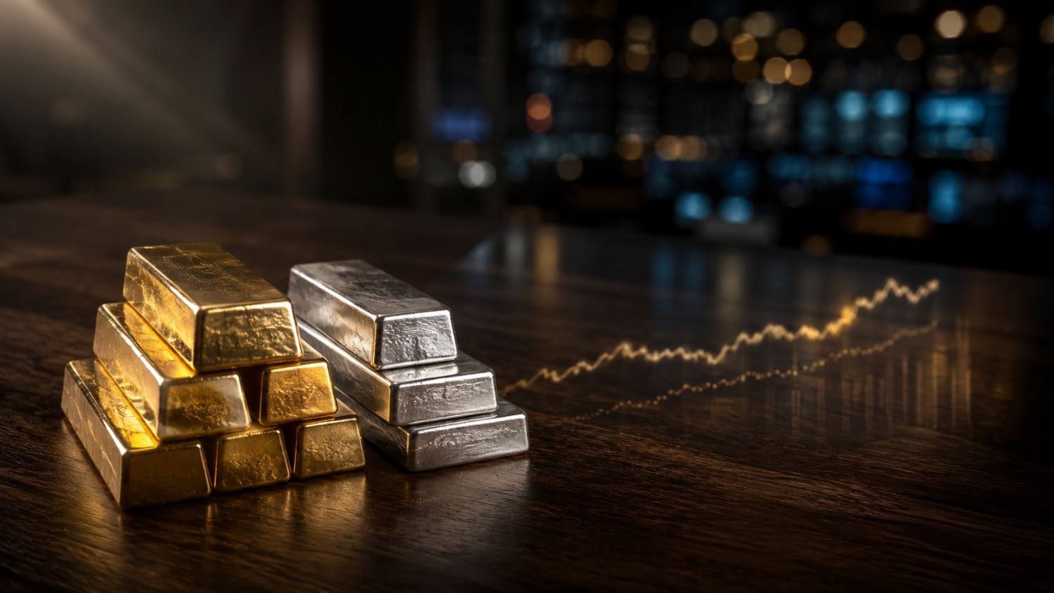 Stacked gold and silver bars on a dark wood desk with a glowing upward price chart line trailing behind them, illustrating gold futures net long positioning and today's rally in gold and silver
