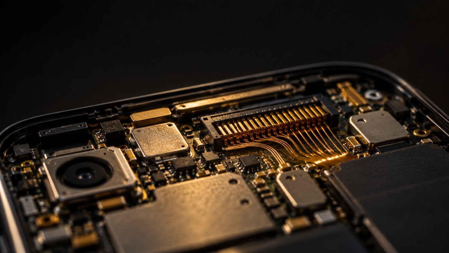 Macro view inside a smartphone showing chip shields, the rear camera module, and a gold-plated flex cable connector — illustrating how much gold is used in electronics.