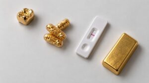 Gold in medicine: a gold dental crown, gold-flecked capsules, a rapid diagnostic test strip, and a gold bar arranged together