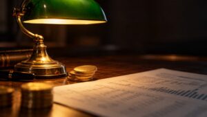 Stacked gold coins beside a lit green-shaded banker's lamp and a financial data sheet on a dark wood desk, evoking today's gold inflation expectations story.