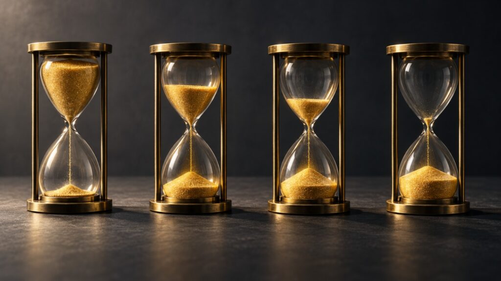 Four hourglasses with gold sand representing gold investment by age, from long time horizon to short
