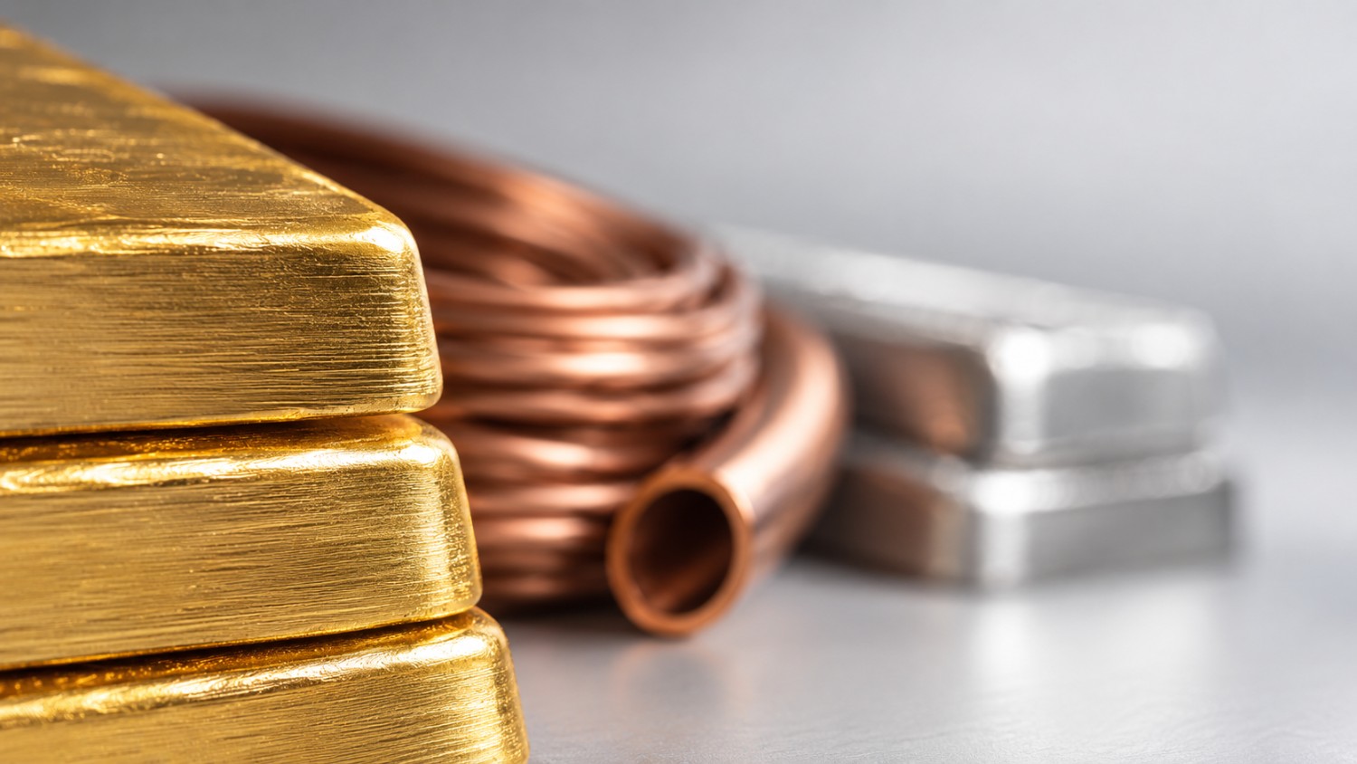 Macro shot of stacked gold bars, coiled copper wire, and silver bars, illustrating the hard-assets trade behind gold miners outperforming bullion.