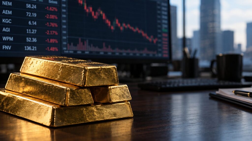Stacked gold bullion bars in soft directional light beside a blurred trading monitor showing mining stock tickers and a price chart, illustrating the divergence between gold mining stocks and physical gold bullion.