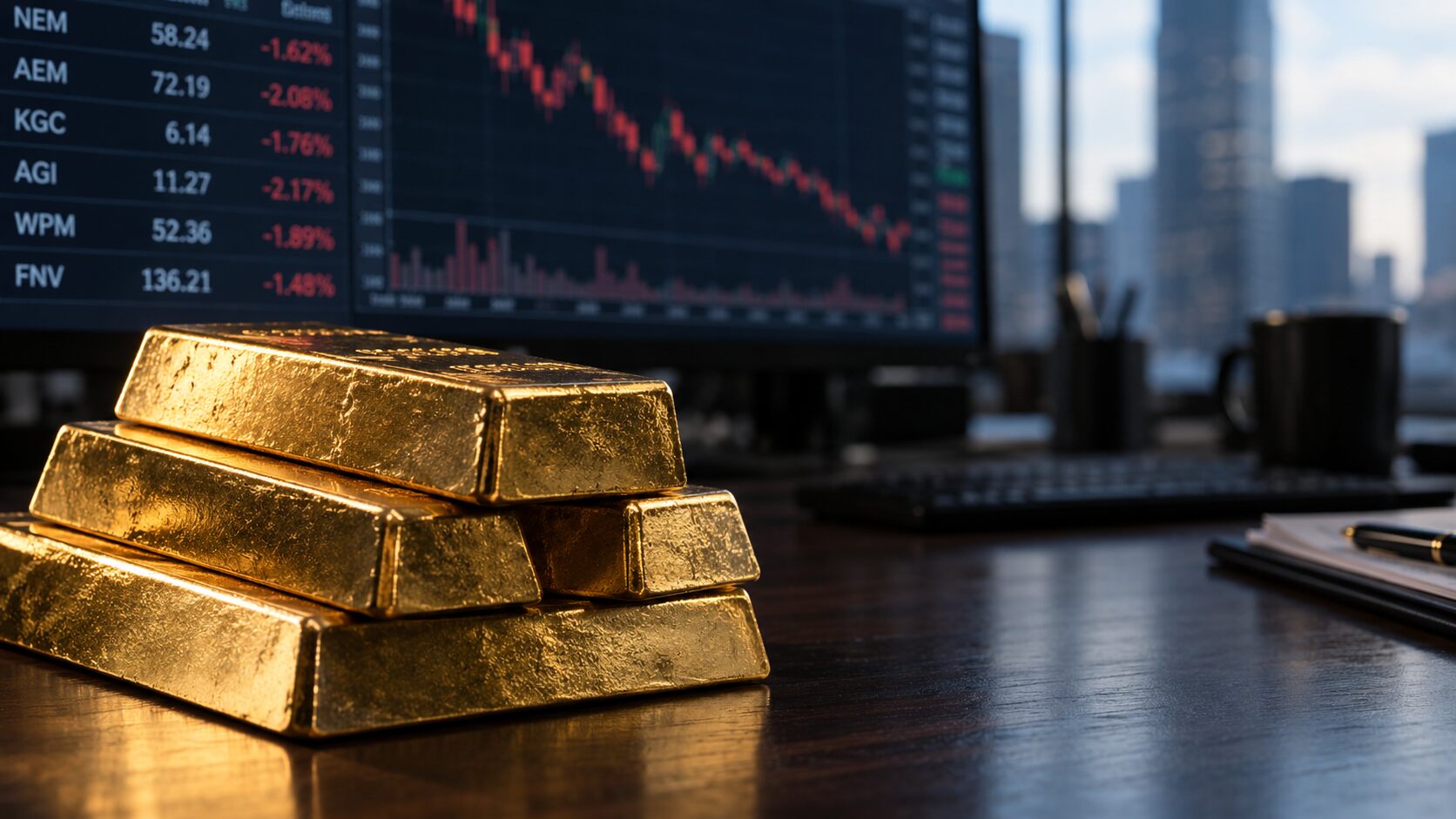Stacked gold bullion bars in soft directional light beside a blurred trading monitor showing mining stock tickers and a price chart, illustrating the divergence between gold mining stocks and physical gold bullion.