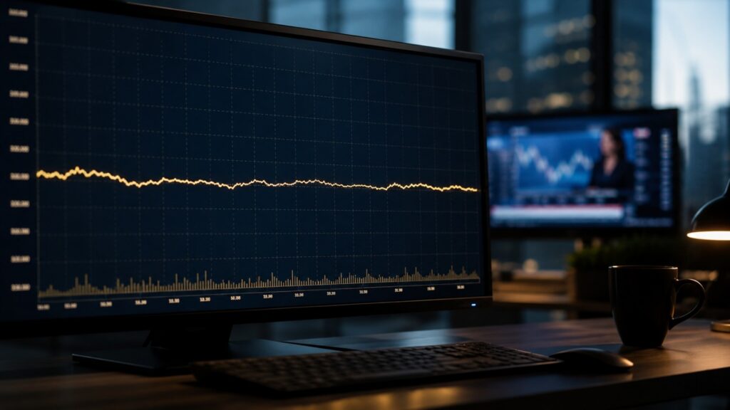 Trading desk monitor showing a nearly flat gold price chart, illustrating gold not reacting to the Iran war despite this week's escalation.