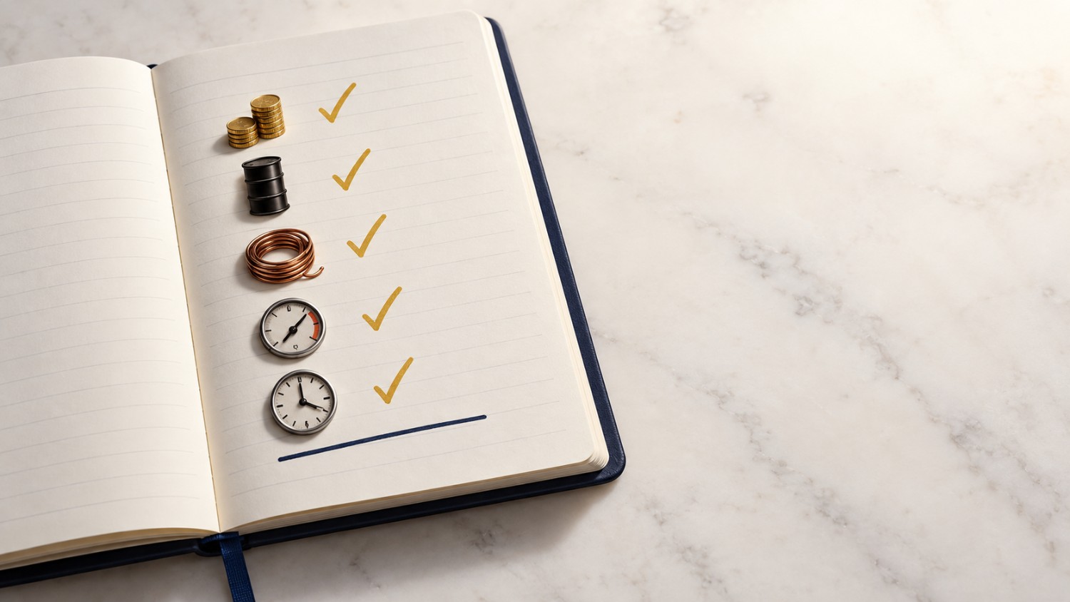 Notebook checklist with five checked-off icons — coins, an oil barrel, a copper coil, a gauge, and a clock — symbolizing gold options activity and other signals aligning before the Fed's decision