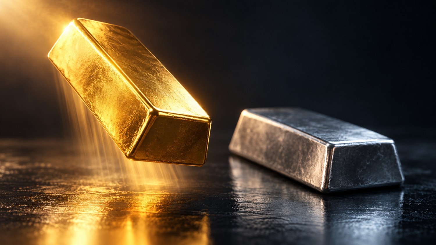 Gold bar rising in warm light while a silver bar rests still nearby, illustrating gold price ADP jobs report reaction.