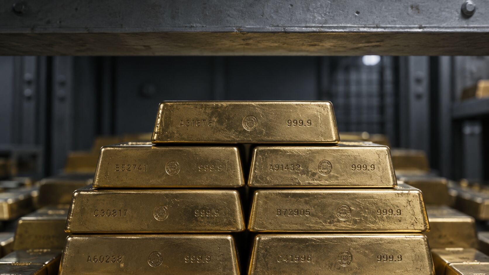 Stacked gold bars in a bank vault, the top bar resting just short of a steel shelf above it — a visual metaphor for gold's price ceiling