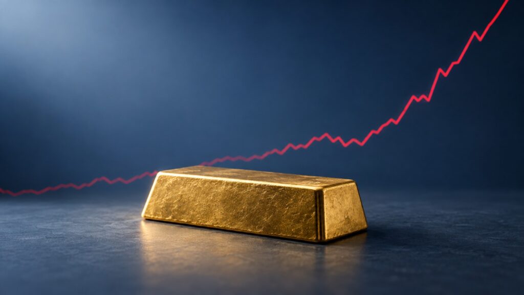 A gold bar stays steady while a red price chart climbs behind it, illustrating the gold price forecast after the Fed rate hike.