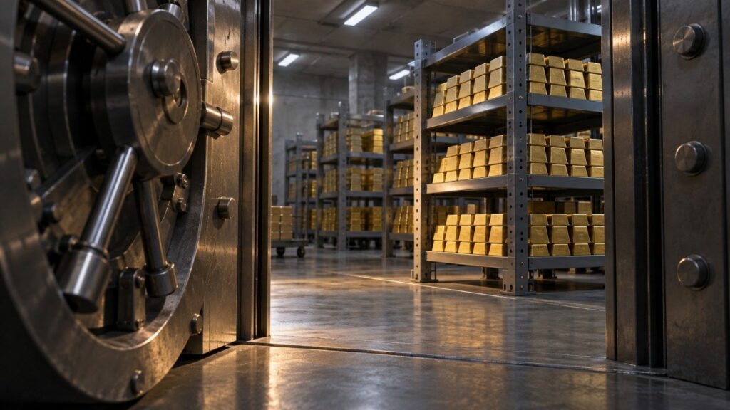 Rows of gold bars stored on steel shelving inside an open bank vault, illustrating central-bank demand behind the latest gold price forecast amid rising real interest rates