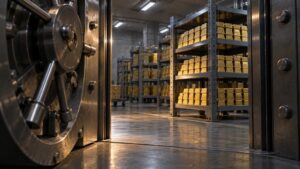 Rows of gold bars stored on steel shelving inside an open bank vault, illustrating central-bank demand behind the latest gold price forecast amid rising real interest rates
