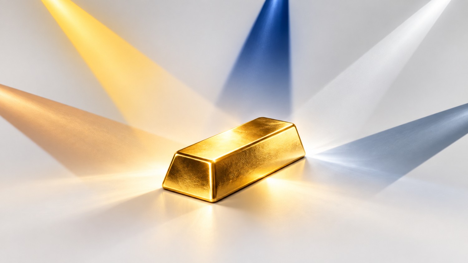 Gold bar lit by five converging beams of light, symbolizing five conflicting gold price forecast views