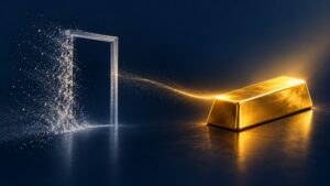 Gold price jolts higher as a fading vacancy door links to a glowing gold bar, illustrating August's JOLTS job openings miss