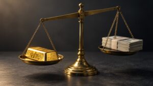 Gold bar and cash on a tilted brass scale, symbolizing the gold price outlook for September 2026 as rate expectations and gold compete for balance
