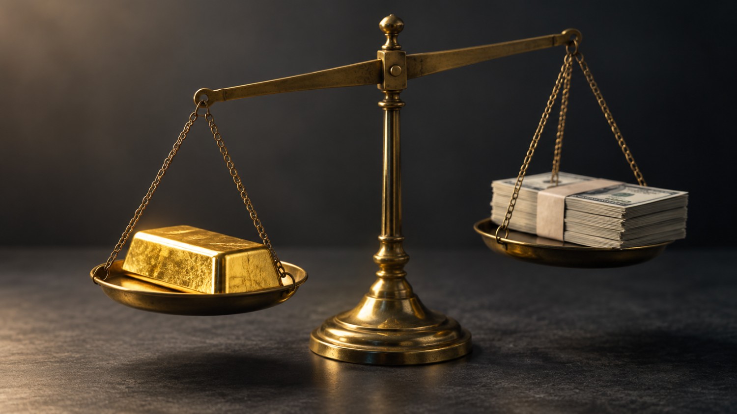 Gold bar and cash on a tilted brass scale, symbolizing the gold price outlook for September 2026 as rate expectations and gold compete for balance