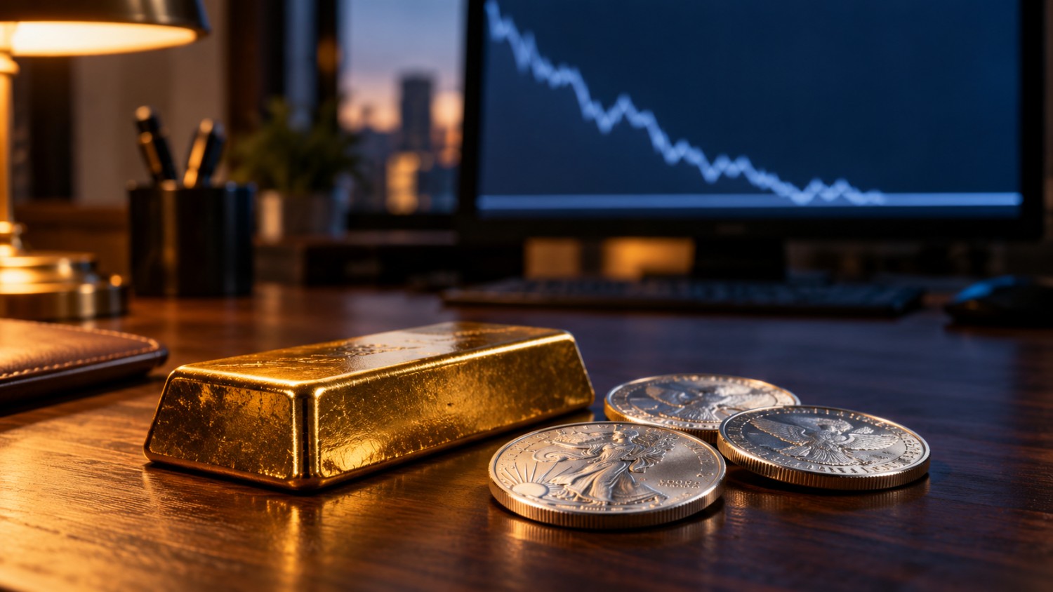 Gold price support level test: a gold bar and silver coins rest on a desk while a monitor behind them shows a falling price chart